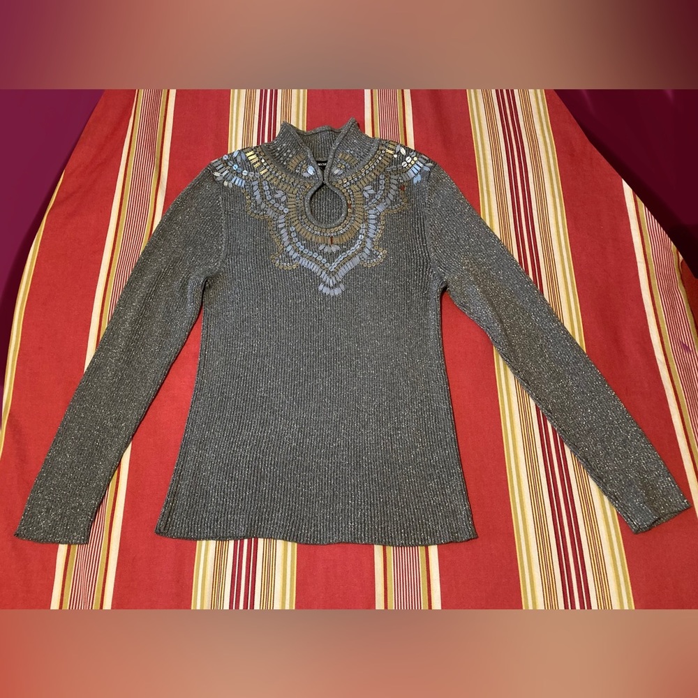 Lauren Michelle long sleeve,  sequins, metallic gray sweater top size M